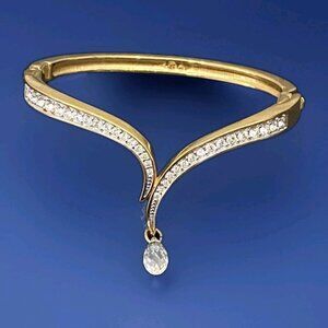 Vintage SWAROVSKI Signed Gold-tone Hinged V Bangle With Teardrop Crystal Charm
